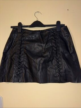 Black Faux Leather Mini Skirt with Lace-Up Detail